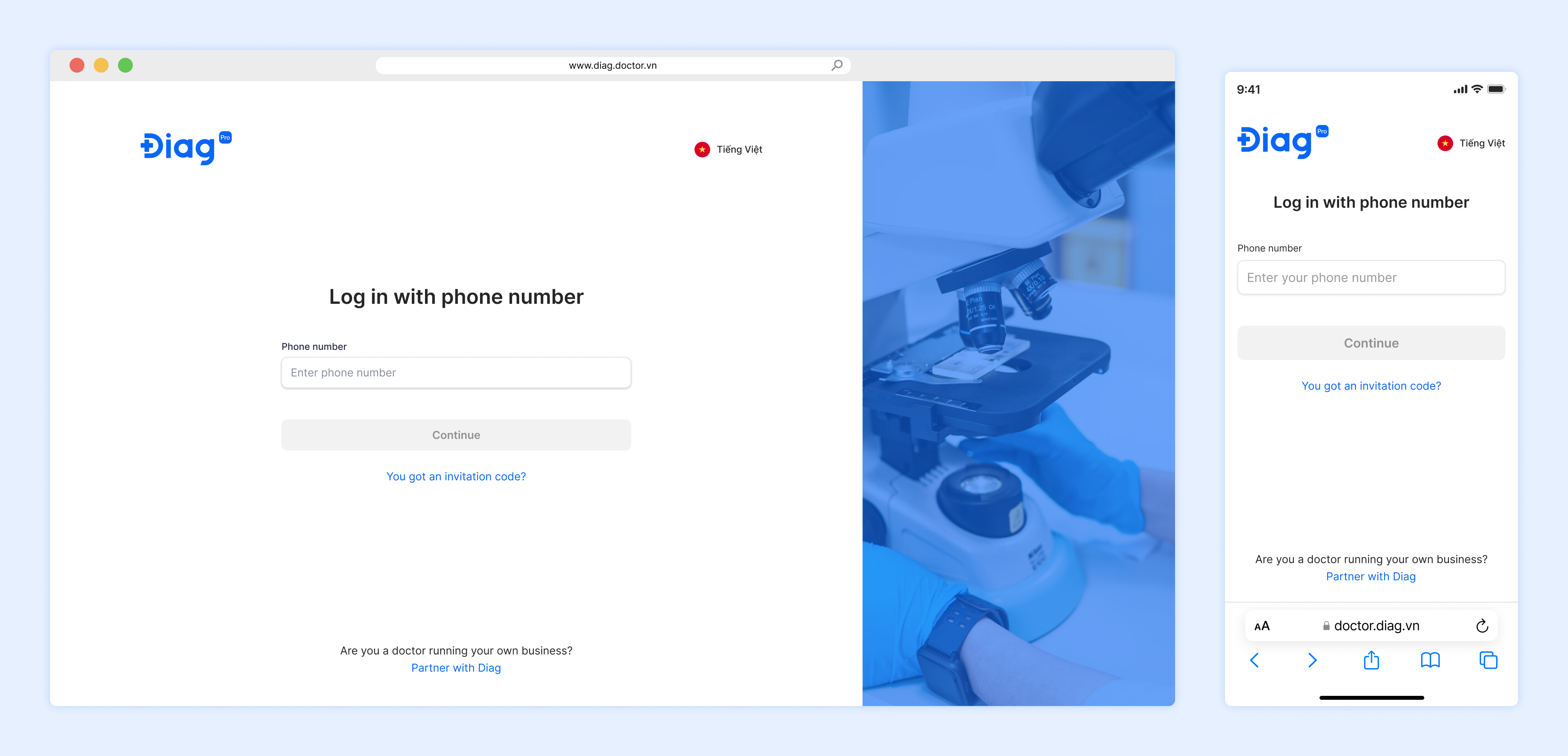 diag's website on desktop and mobile